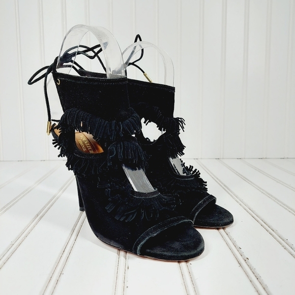 Aquazzura Black Suede Sexy Thing Fringe Peep Toe Booties Sandals Heels B163 - Picture 4 of 12